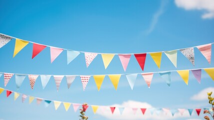 Summer festive colorful bunting and blue sky, summer event celebration.