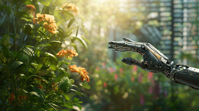 A metallic robot hand reaching flowers in garden, concept of nature and technology combination 