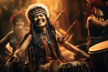 An native American music scene of group of middle age native women performing for drummers for ritual on stage 