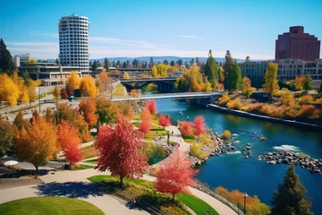 Deurstickers Scenic vista of urban Spokane, Washington with its downtown and Riverfront Park. Generative AI © Althea