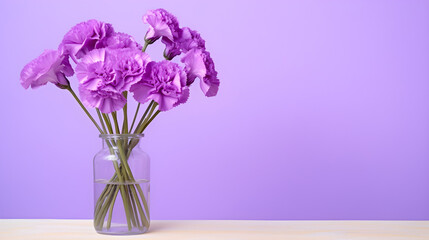 Purple carnation in glass vase with copy space.