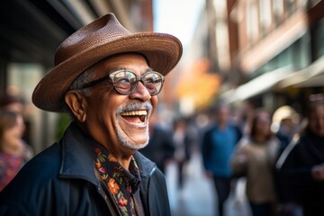 Stylish elderly man with hat and glasses striding along vibrant urban landscape