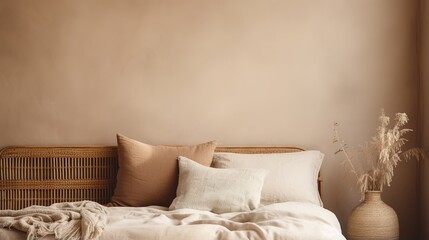 Generative AI, Relaxing bedroom detail of bed with natural linen textured bedding, muted neutral aesthetic colors