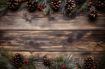 A decoration of winter foliage with berries and pine cones on a wooden board on top and bottom part with open space 
