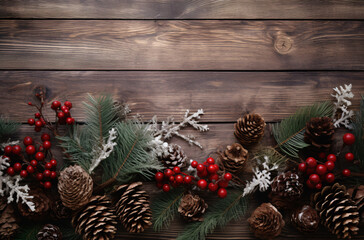 A decoration od winter foliage with berries and pine cones on a wooden board on bottom part with open space 