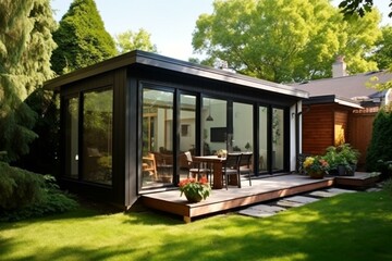 Extended sunroom in a modern bungalow with a low-maintenance backyard. Generative AI