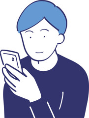 笑顔でスマホを見ている私服の若い男性(上半身・線画)