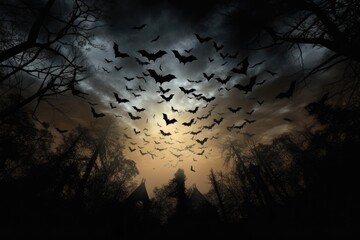 Bats flying under a full moon.