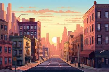 Cityscape with buildings and sunset.