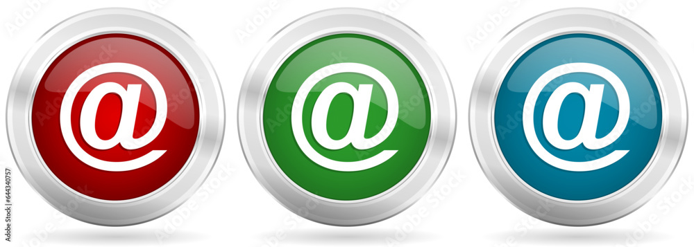 Poster Email vector icon set. Red, blue and green silver metallic web buttons with chrome border