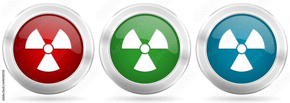 Aufkleber radiation vector icon set. red, blue and green silver metallic web buttons with chrome border