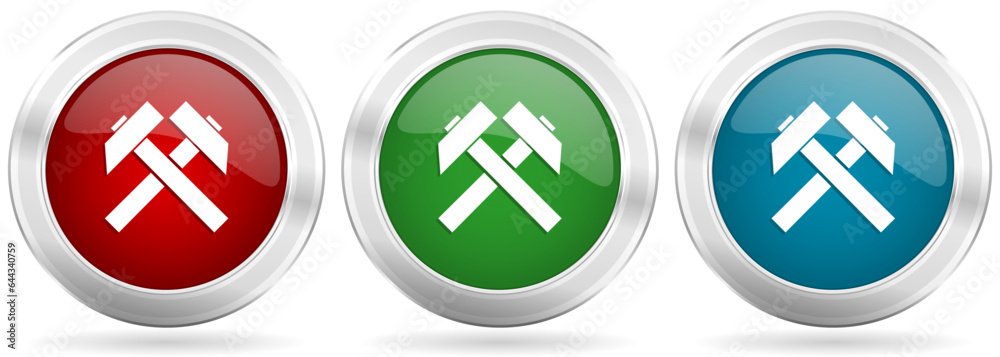 Poster Mining vector icon set. Red, blue and green silver metallic web buttons with chrome border