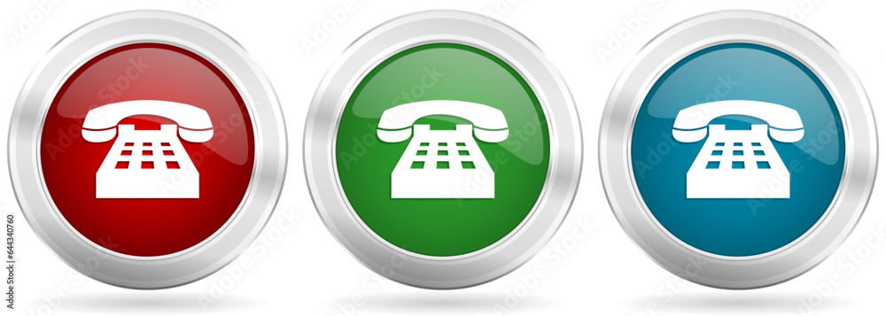 Aufkleber phone vector icon set. red, blue and green silver metallic web buttons with chrome border
