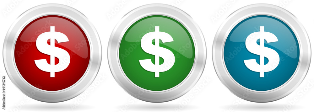 Aufkleber dollar vector icon set. red, blue and green silver metallic web buttons with chrome border