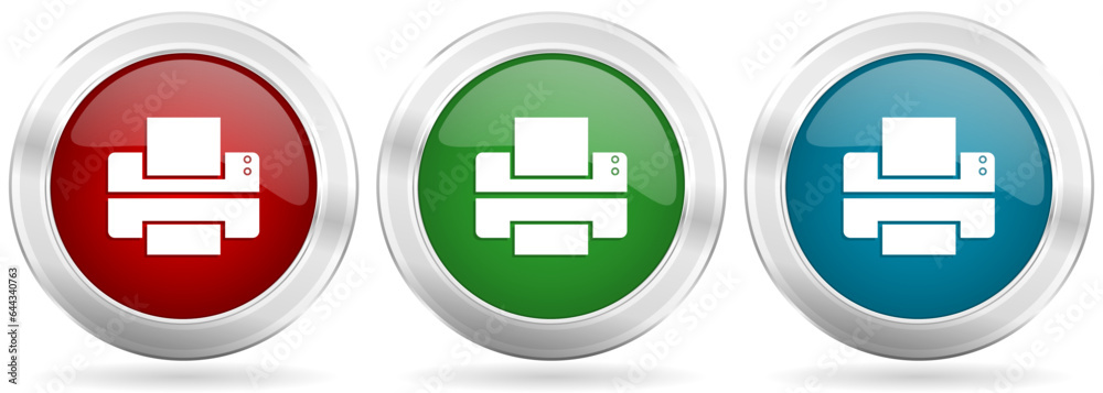 Aufkleber Printer, print vector icon set. Red, blue and green silver metallic web buttons with chrome border