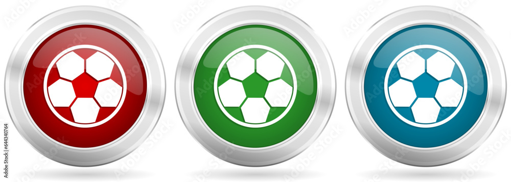 Poster soccer vector icon set. red, blue and green silver metallic web buttons with chrome border