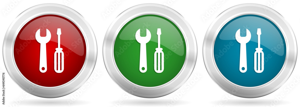 Poster Tool vector icon set. Red, blue and green silver metallic web buttons with chrome border