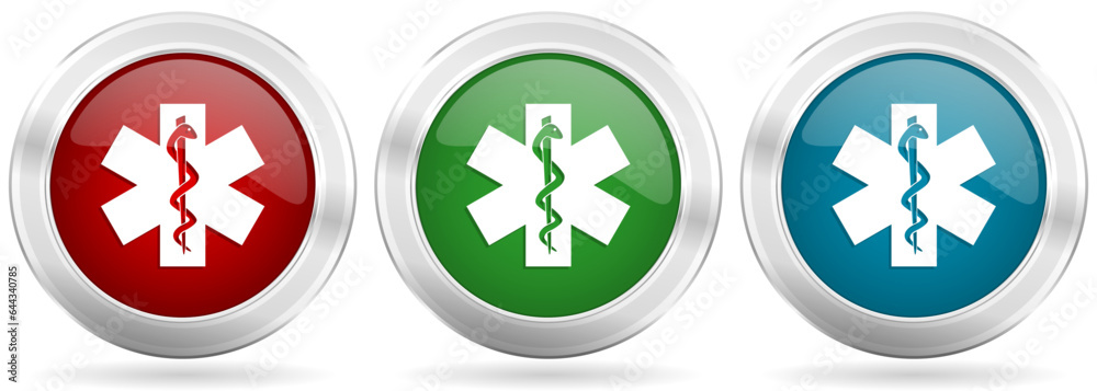 Aufkleber emergency vector icon set. red, blue and green silver metallic web buttons with chrome border