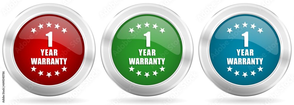 Aufkleber warranty guarantee 1 year vector icon set. red, blue and green silver metallic web buttons with chro