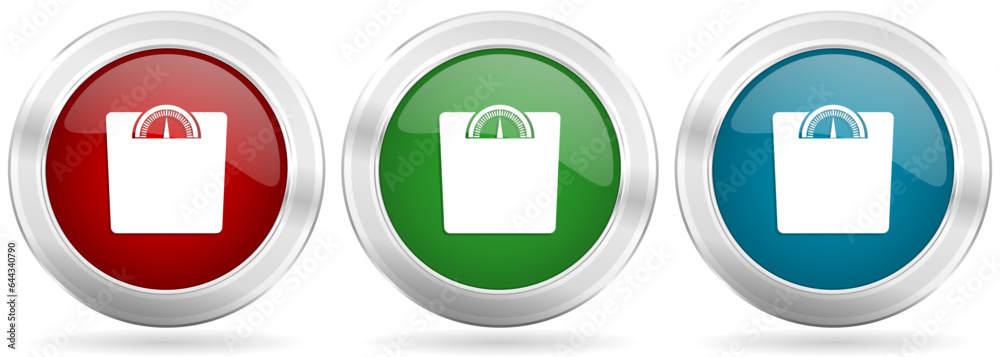 Aufkleber weight vector icon set. red, blue and green silver metallic web buttons with chrome border