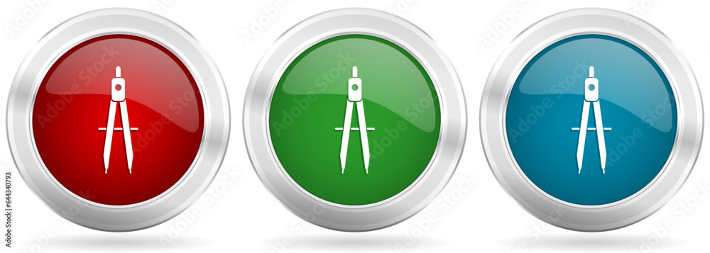 Poster geometry, education vector icon set. red, blue and green silver metallic web buttons with chrome bor