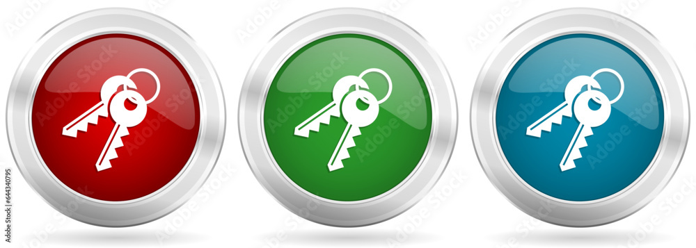 Aufkleber keys vector icon set. red, blue and green silver metallic web buttons with chrome border