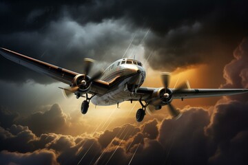 A plane soars above a stormy weather with dark clouds and thunder. Generative AI