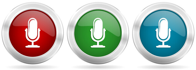 Microphone vector icon set. Red, blue and green silver metallic web buttons with chrome border