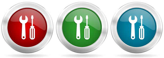 Tool vector icon set. Red, blue and green silver metallic web buttons with chrome border