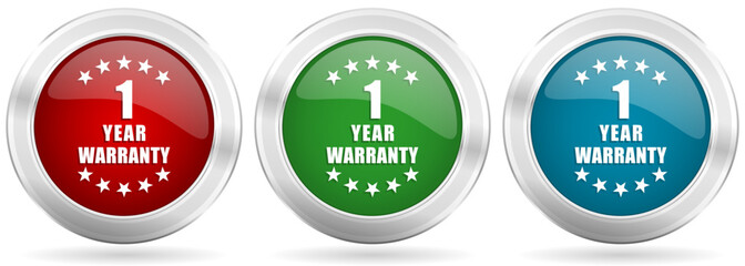 Warranty guarantee 1 year vector icon set. Red, blue and green silver metallic web buttons with chrome border