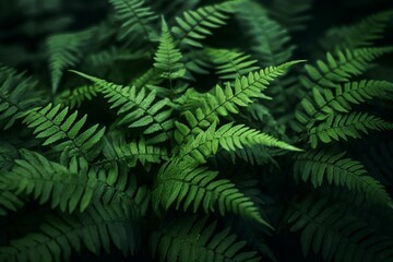 Fototapeta na wymiar Macro view of lush emerald fern foliage against a shadowy backdrop. Generative AI