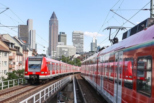 S-Bahn commuter train of DB Deutsche Bahn at Frankfurt West railway station public transport in Frankfurt, Germany