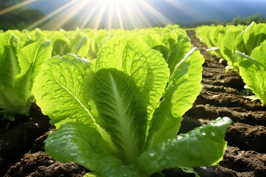 Fresh romaine lettuce cultivated in environmentally controlled greenhouse farms. Generative AI