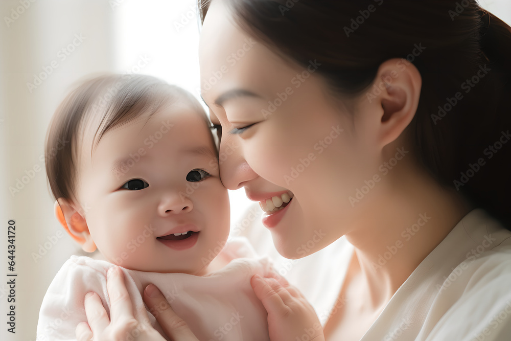 Wall mural happy young asian mother holding and touching noses with her baby, she is feeling happy to stay with