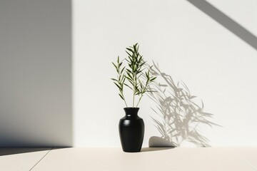 Black-potted plant beside white vase holding green plant on table near white wall casting a shadow. Generative AI