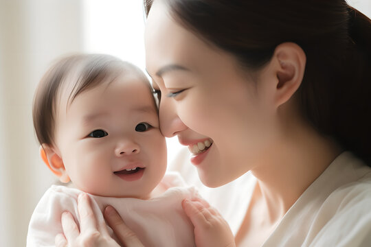 Happy young asian mother holding and Touching Noses with her Baby, She is feeling happy to stay with her child