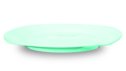 Green square ceramics plate isolated on white background.