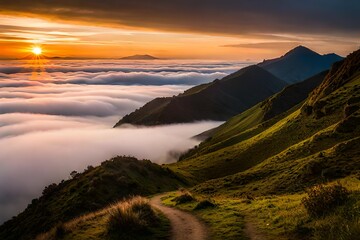 beautiful sunset over the mountains generated by ai