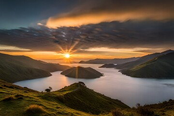 beautiful view of sunset over the lake generated by ai