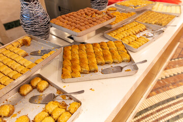 Sweet cakes on display in a restaurant