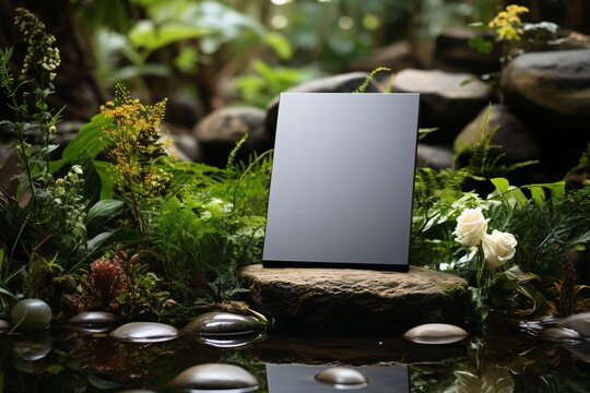 Blank photo frame on rock in the garden with flower decoration.. Stone platform for product presentation, selective focus. Beautiful decoration. Background for presentation.