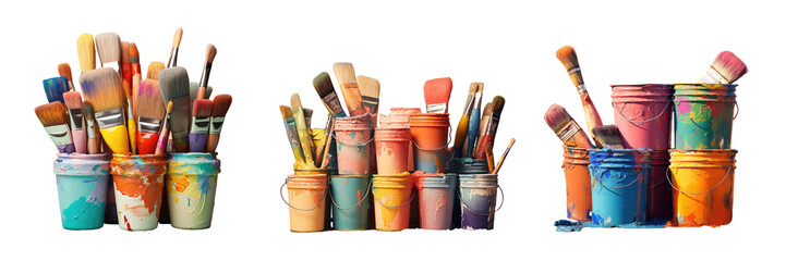 Colorful paint buckets and brushes isolated on a transparent background in an image - obrazy, fototapety, plakaty