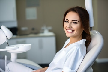 Portrait of young woman with beautiful smile at dentist clinics, woman with gorgeous smile sitting in dental chair at medical center