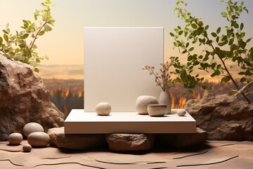 Stone platform for product presentation, selective focus. Beautiful decoration. Background for presentation.