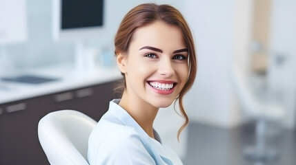 Fototapeta premium Portrait of young woman with beautiful smile at dentist clinics, woman with gorgeous smile sitting in dental chair at medical center