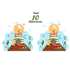 find 10 differences. funny vector illustration for kids. cats on a fishing trip. river