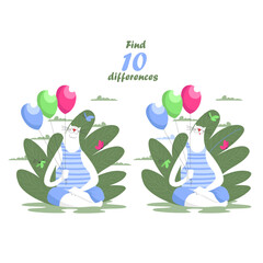 find 10 differences. funny vector illustration for kids. a cat with balloons. yoga pose