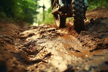 Slow-motion, up-close footage of dirt bike tracks on rough trail. Generative AI