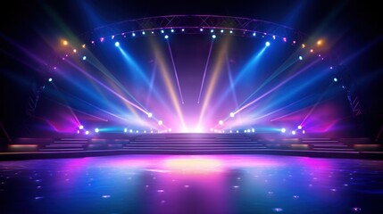Abstract of empty stage with colorful spotlights or Several bright projectors for scene lighting effects background.