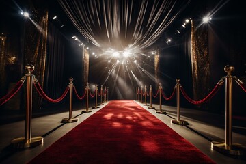 Gala event showcasing red carpet, dazzling spotlights, prestigious award ceremony, and much-awaited premiere. Generative AI - obrazy, fototapety, plakaty